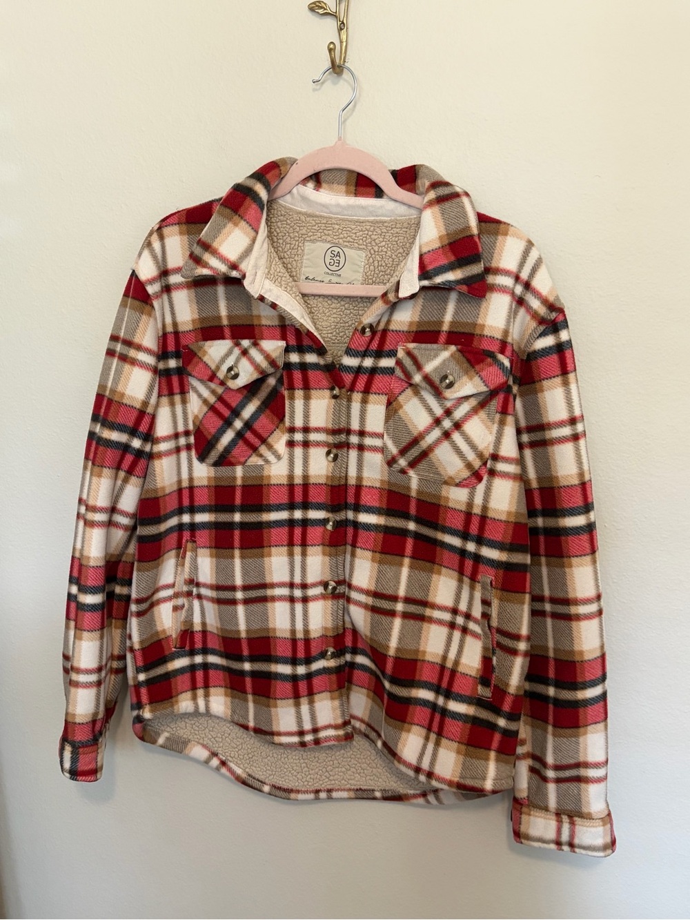 SAC Collective Plaid Shacket in Red & Beige Size Medium Like New